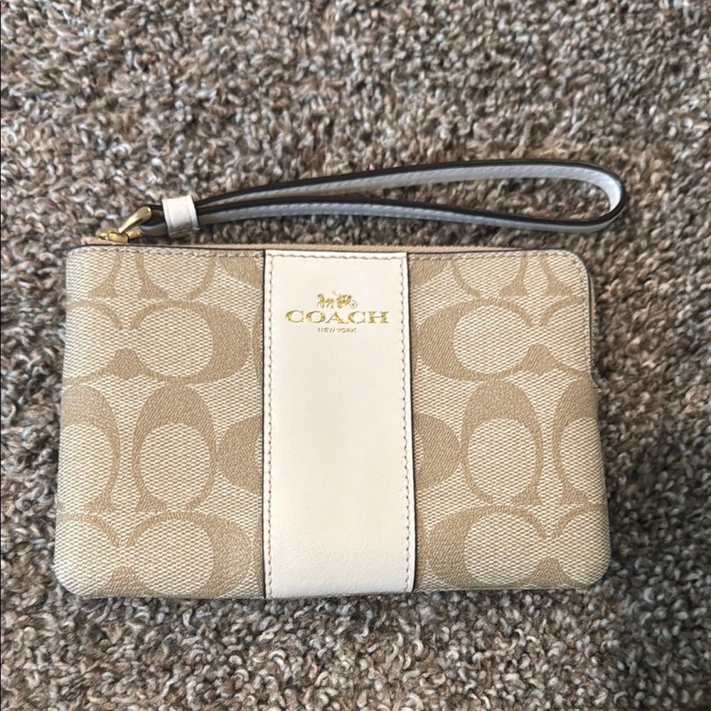 Coach Signature Beige and Cream corner zip Wristlet in cc logo